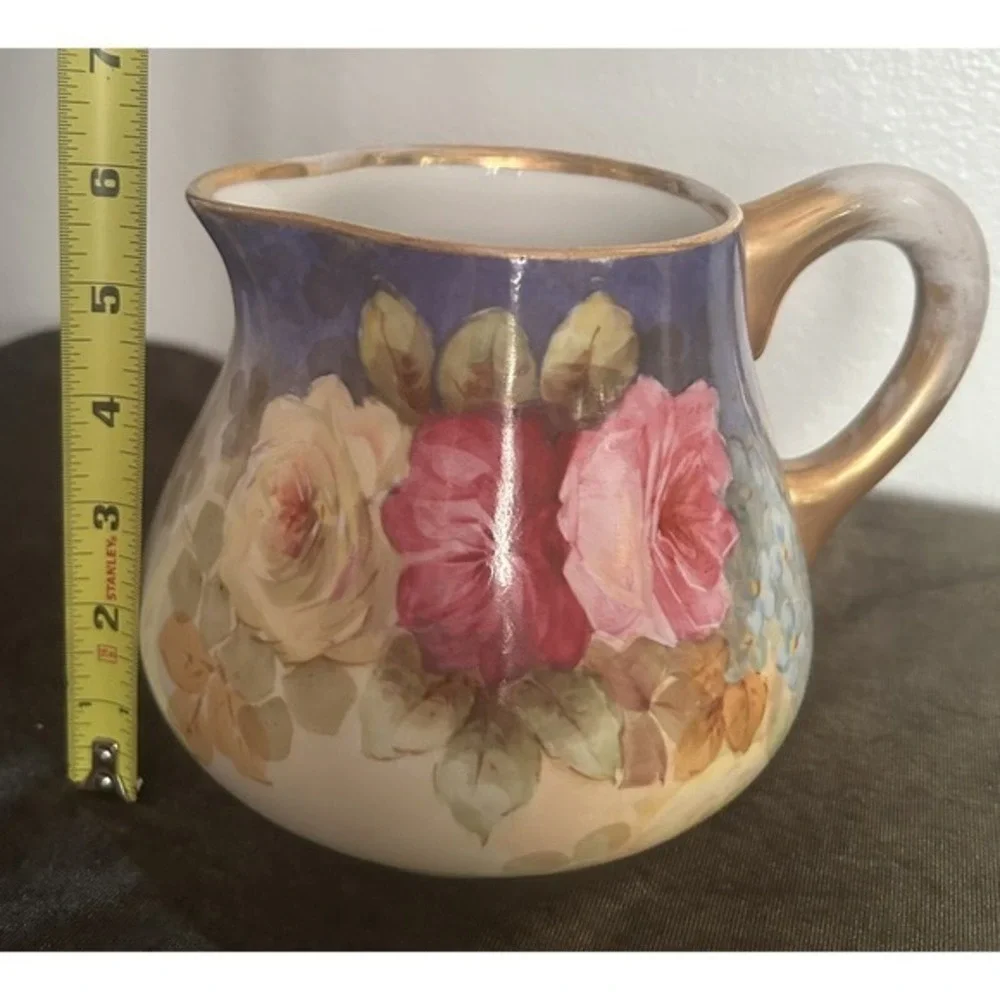 Antique B & M Limoges France Hand Painted Rose Drink Pitcher Gold Handle Collect